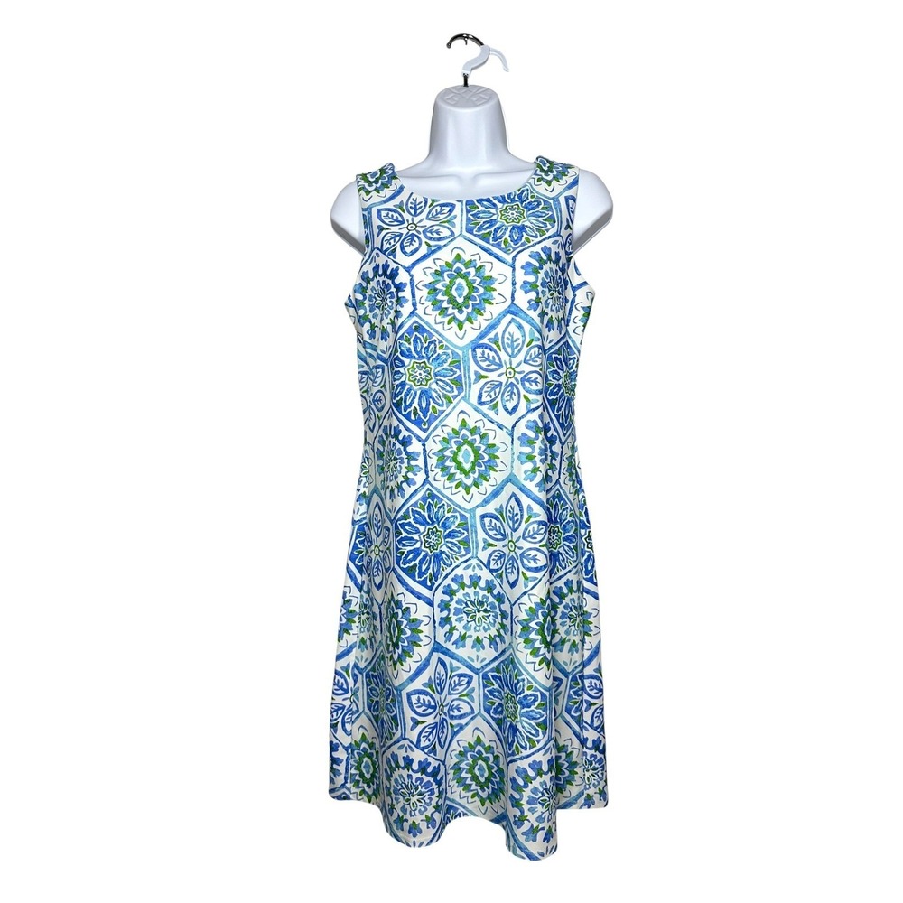 Jude Connally Beth Dress Sleeveless Shift Blue Green Mosaic Print Preppy Size S